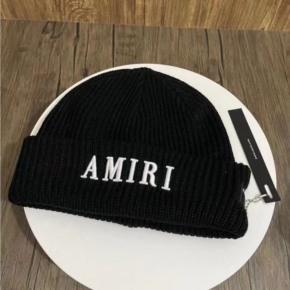 AMIRI Black Knit Beanie with White AMIRI Embroidery